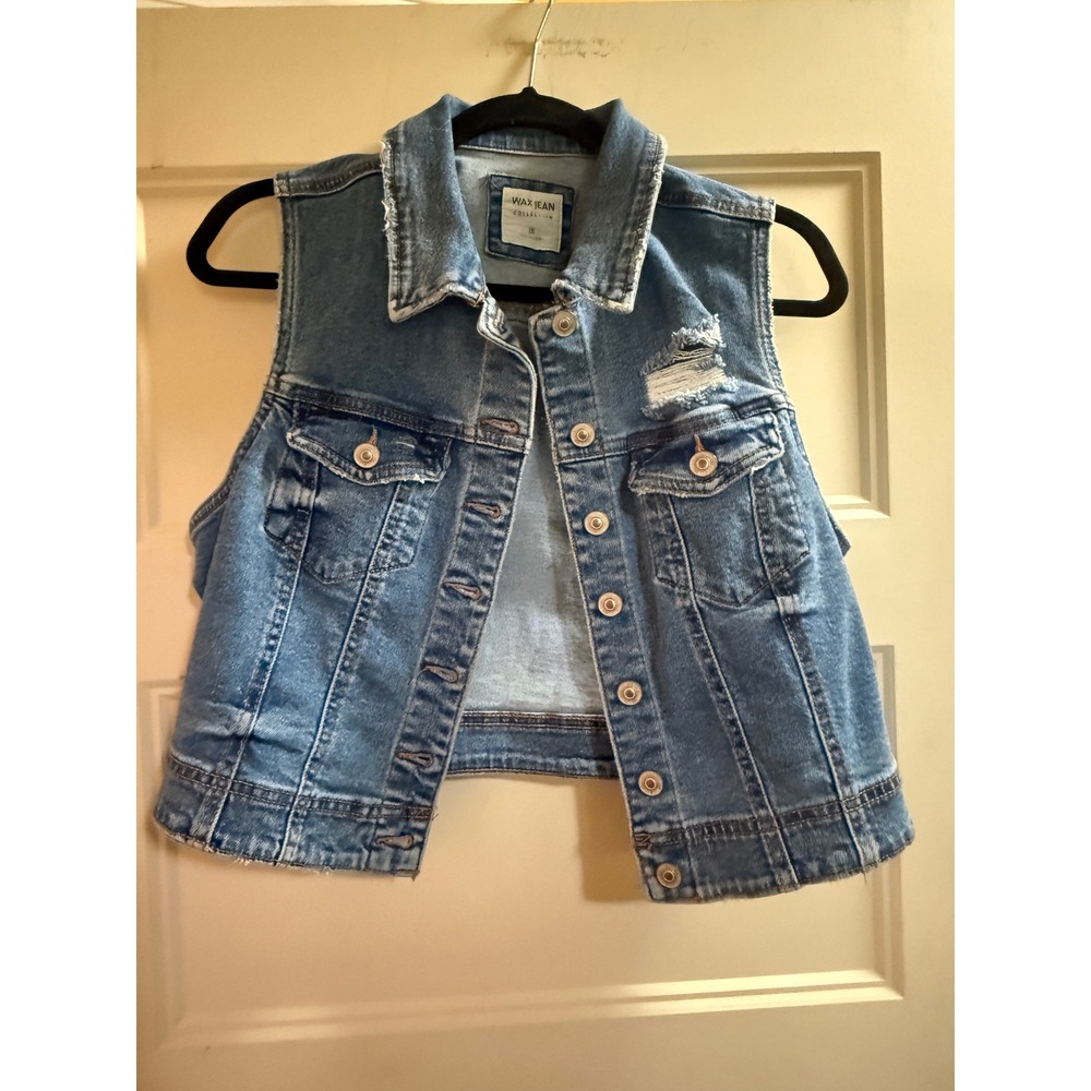 Wax Jean Collection Blue Distressed Denim Vest Womens 1XL Cropped Jean Jacket